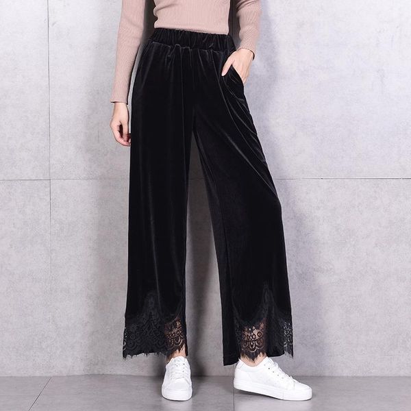 women's pants & capris wkoud 2021 fall wide leg for women black pleuche soft material lace patchwork trousers elastic waist loose pant, Black;white
women's pants & capris wkoud 2021 fall wide leg for women black pleuche soft material lace patchwork trousers elastic waist loose pant, Black;white