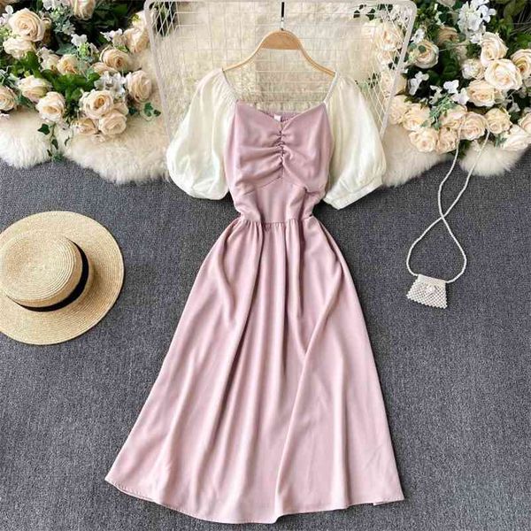 spring french vestidos women's square collar puff sleeves contrast color stitching folds waist slim midi dress gk339 210507, Black;gray
spring french vestidos women's square collar puff sleeves contrast color stitching folds waist slim midi dress gk339 210507, Black;gray