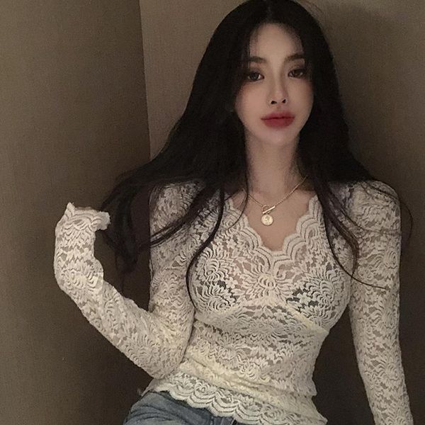women's blouses & shirts v-neck long sleeve shirt women all-match slim lace autumn perspective ladies' temperament fashion womens, White
women's blouses & shirts v-neck long sleeve shirt women all-match slim lace autumn perspective ladies' temperament fashion womens, White