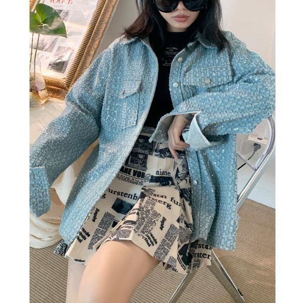 women's jackets blue sequins appliques loose fitting plus size denim jacket lapel long sleeve fashion casual 2021 spring autumn womens, Black;brown
women's jackets blue sequins appliques loose fitting plus size denim jacket lapel long sleeve fashion casual 2021 spring autumn womens, Black;brown