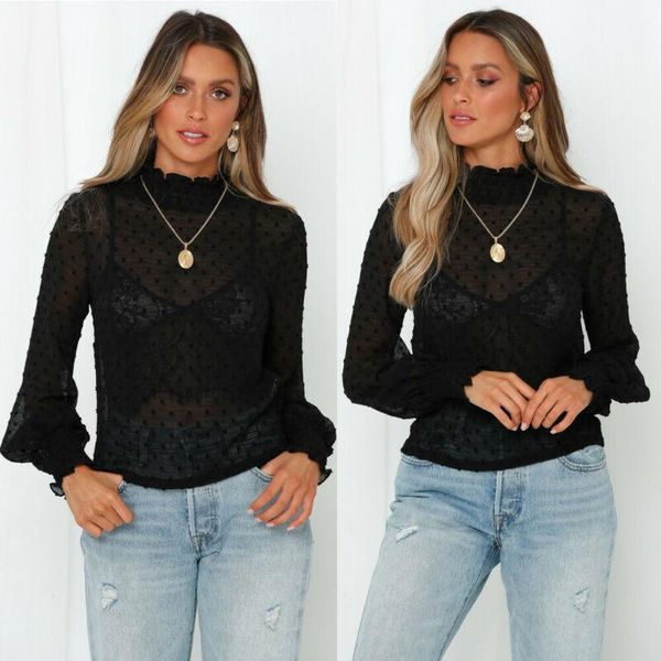 women high neck polka dot mesh sheer see-through long sleeve blouse clubwear women's blouses & shirts, White
women high neck polka dot mesh sheer see-through long sleeve blouse clubwear women's blouses & shirts, White
