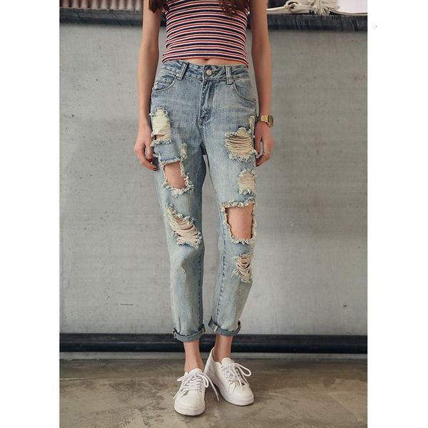 women's jeans fashion casual nine-point knee big hole frayed harem pants feet 6een, Blue
women's jeans fashion casual nine-point knee big hole frayed harem pants feet 6een, Blue