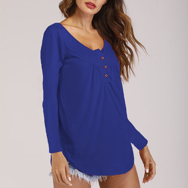 new fashion round neck loose pleated button long sleeved t shirt women, White 
new fashion round neck loose pleated button long sleeved t shirt women, White