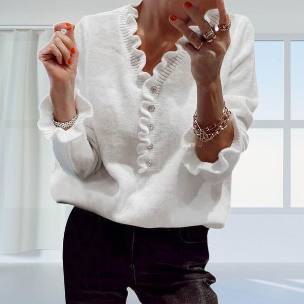 women's sweaters ruffle trim women elegant button v neck solid long sleeve knit pullover casual white female #g3, White;black
women's sweaters ruffle trim women elegant button v neck solid long sleeve knit pullover casual white female #g3, White;black