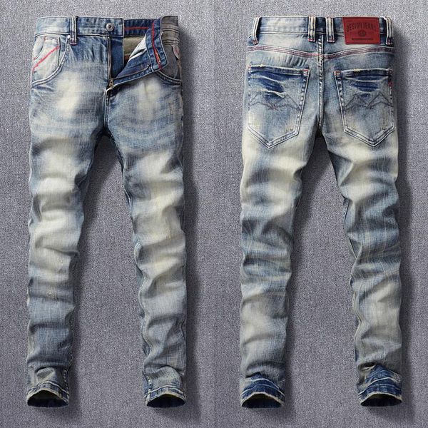 men's jeans italian style fashion men retro distressed elastic slim ripped vintage designer casual denim pants, Blue
men's jeans italian style fashion men retro distressed elastic slim ripped vintage designer casual denim pants, Blue