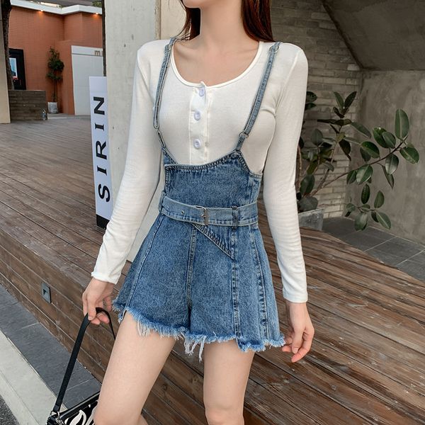 women's shorts denim backpack 2021 spring and summer korean version loose show thin age reduction leisure wide leg a-line suspender hot, White;black 
women's shorts denim backpack 2021 spring and summer korean version loose show thin age reduction leisure wide leg a-line suspender hot, White;black