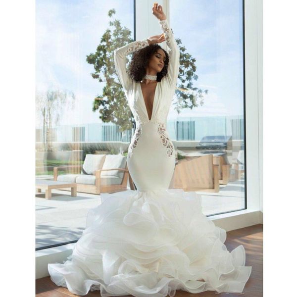 african ruffles mermaid wedding dresses bridal gowns long sleeves v neck hollow out chic design bride formal reception gowns appliques lace, White
african ruffles mermaid wedding dresses bridal gowns long sleeves v neck hollow out chic design bride formal reception gowns appliques lace, White