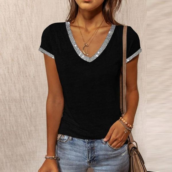 women's t-shirt european and american summer fashion v-neck contrast slim short sleeve, White
women's t-shirt european and american summer fashion v-neck contrast slim short sleeve, White