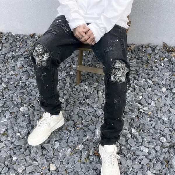 men's jeans original knee hole black denim pants men straight painted high street loose casual ripped jean for vaqueros hombre trousers, Blue
men's jeans original knee hole black denim pants men straight painted high street loose casual ripped jean for vaqueros hombre trousers, Blue