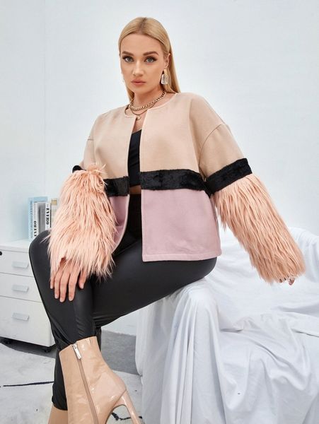 plus colorblock drop shoulder fuzzy panel overcoat 79bc#, Black 
plus colorblock drop shoulder fuzzy panel overcoat 79bc#, Black