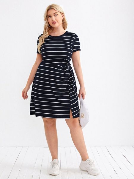 plus striped twist side split hem rib-knit dress o7pb#, Black
plus striped twist side split hem rib-knit dress o7pb#, Black