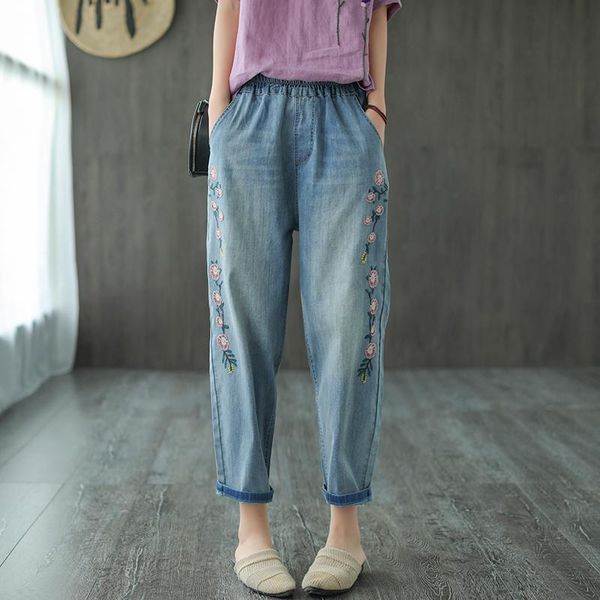 women's jeans women retro casual summer autumn denim pants 2021 elastic waist embroidery pocket loose all-match trousers, Blue 
women's jeans women retro casual summer autumn denim pants 2021 elastic waist embroidery pocket loose all-match trousers, Blue
