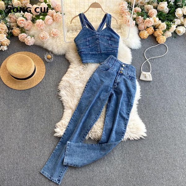 women's two piece pants fashion denim tank + high waist straight jeans 2-piece wear 2021 summer black / blue suit, White
women's two piece pants fashion denim tank + high waist straight jeans 2-piece wear 2021 summer black / blue suit, White