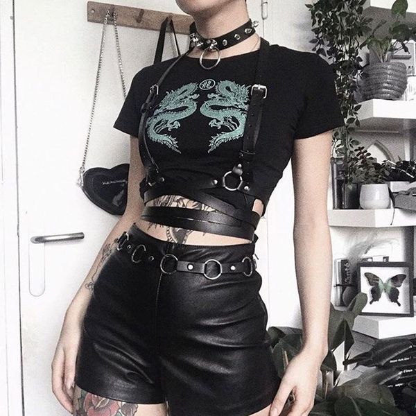 women's t-shirt black dragon print for woman cool gothic high waist crop street wear punk summer clothes, White
women's t-shirt black dragon print for woman cool gothic high waist crop street wear punk summer clothes, White
