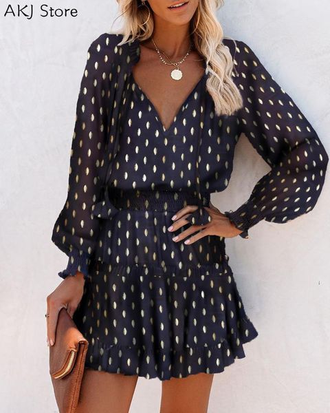 women fashion elegant dot print v neck mini dress leopard print ruffles lantern sleeve dress, Black;gray