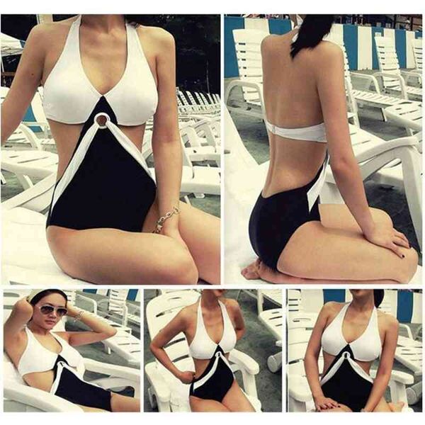 bikini summer women swim beach halter black white patchwork one piece swimsuit swimwear, White;black
bikini summer women swim beach halter black white patchwork one piece swimsuit swimwear, White;black