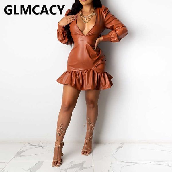 women long sleeve plunge v neck mini dress ruffles pu leather elegant dress 210702, Black;gray
women long sleeve plunge v neck mini dress ruffles pu leather elegant dress 210702, Black;gray