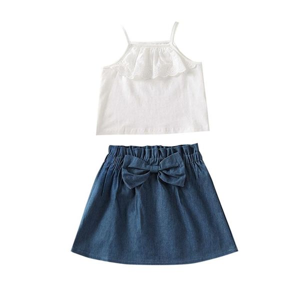 clothing sets girls solid color clothes set, sleeveless cropped with lace + short denim skirt bow-knot, White
clothing sets girls solid color clothes set, sleeveless cropped with lace + short denim skirt bow-knot, White