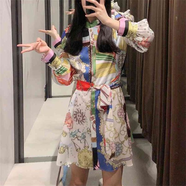spring and autumn women's casual printed small turtleneck lantern sleeve belted dress 210430, Black;gray