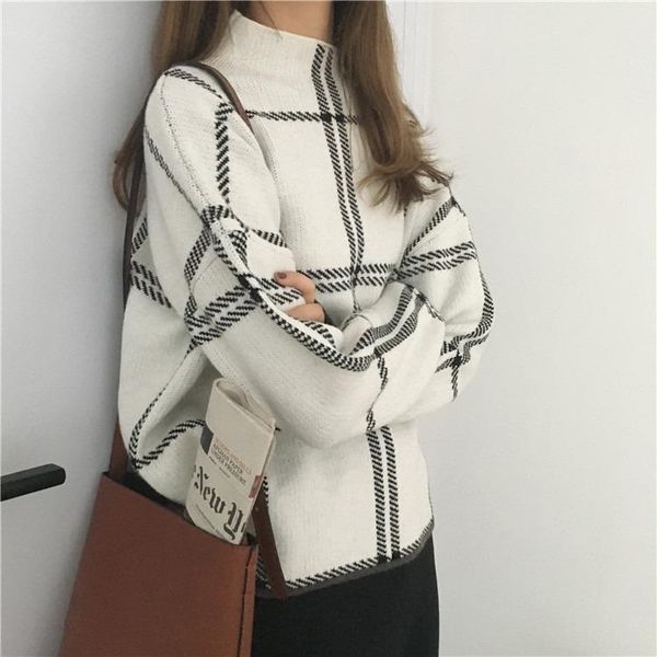 women's sweaters ins winter pullovers sweater fashion plaid turtleneck loose knit full sleeve korean casual, White;black
women's sweaters ins winter pullovers sweater fashion plaid turtleneck loose knit full sleeve korean casual, White;black