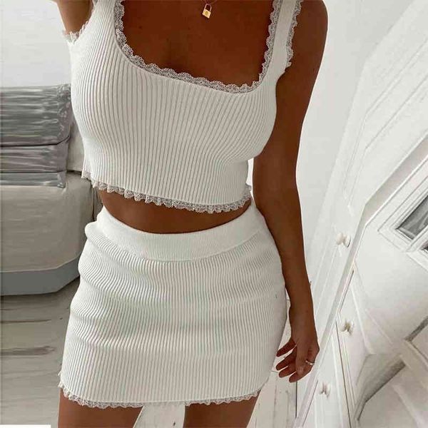women lace decor crop vest mini skirt sets summer off shoulder slim solid white tank casual short skirts sets 210416
women lace decor crop vest mini skirt sets summer off shoulder slim solid white tank casual short skirts sets 210416