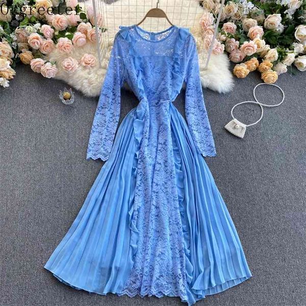 spring fashion retro chiffon lace stitching long dress vestidos female o-neckruffles trim pleated for women 210602, Black;gray
spring fashion retro chiffon lace stitching long dress vestidos female o-neckruffles trim pleated for women 210602, Black;gray