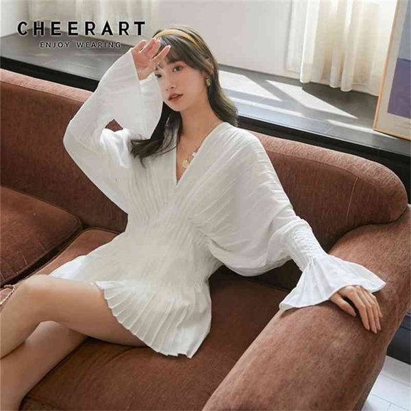 fall tunic women deep v neck pleated flare sleeve and blouse long ladies fashion designer clothing 210427, White