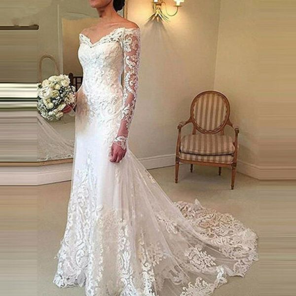v-neck lace appliques wedding dresses long sleeve mermaid tulle bridal gown, White
v-neck lace appliques wedding dresses long sleeve mermaid tulle bridal gown, White