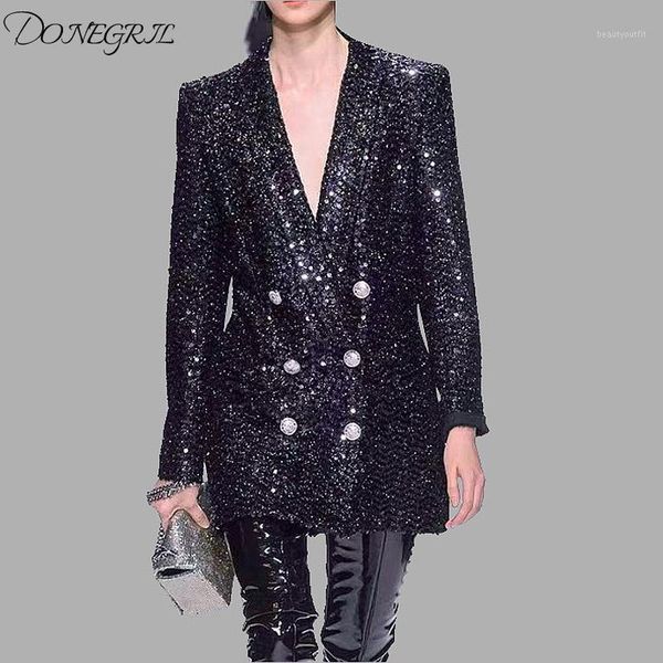 women's suits & blazers women coat 2021 autumn runway sequined blazer notched long sleeve double breasted black outerwear, White;black
women's suits & blazers women coat 2021 autumn runway sequined blazer notched long sleeve double breasted black outerwear, White;black