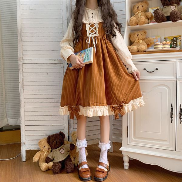 japanese autumn new kawaii lolita splicing cosplay loli dress sweet soft girl bow full sleeve cute ruffles brown stripe dresses, Black;gray
japanese autumn new kawaii lolita splicing cosplay loli dress sweet soft girl bow full sleeve cute ruffles brown stripe dresses, Black;gray