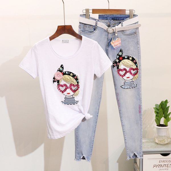 tracksuits fashion sport suit women's summer 2021 pearl sequin cartoon girl's short sleeve t-shirt + frayed leg jeans, Gray
tracksuits fashion sport suit women's summer 2021 pearl sequin cartoon girl's short sleeve t-shirt + frayed leg jeans, Gray