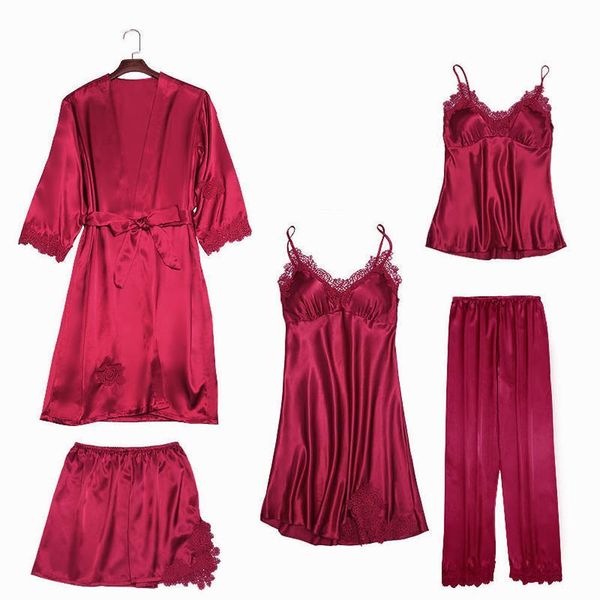 pijamas 5 pieces women sleepwear pajama set faux silk solid pyjama above knee mini nightgowns eleg lace edge spring, Black;red 
pijamas 5 pieces women sleepwear pajama set faux silk solid pyjama above knee mini nightgowns eleg lace edge spring, Black;red