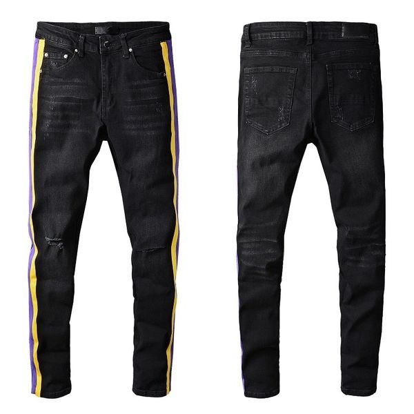 designer long slim black ripped jeans pants with purple and yellow strip streetwear trousers for men, Blue
designer long slim black ripped jeans pants with purple and yellow strip streetwear trousers for men, Blue