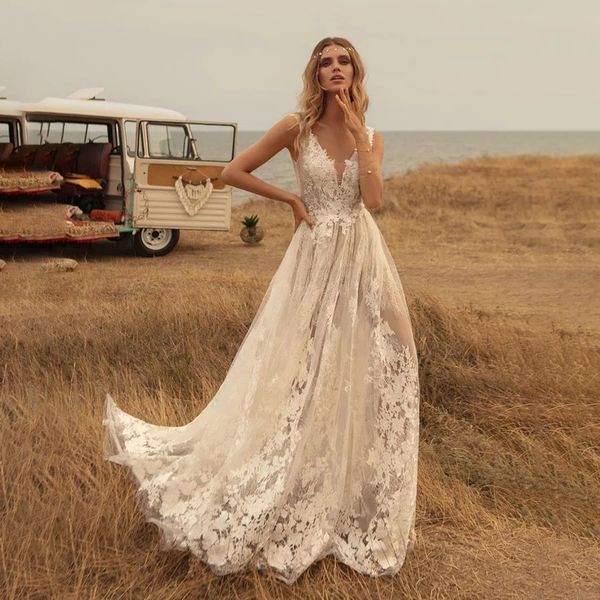 wedding dress deep v neck boho country vestido de noiva lace backless bridal gown robe de marie, White
wedding dress deep v neck boho country vestido de noiva lace backless bridal gown robe de marie, White