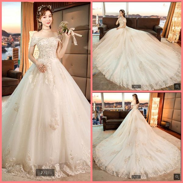2021 new arrival champagne tulle ball gown wedding dresses lace appliques beaded sequins luxury off the shoulder bride dress princess puffy, White
2021 new arrival champagne tulle ball gown wedding dresses lace appliques beaded sequins luxury off the shoulder bride dress princess puffy, White