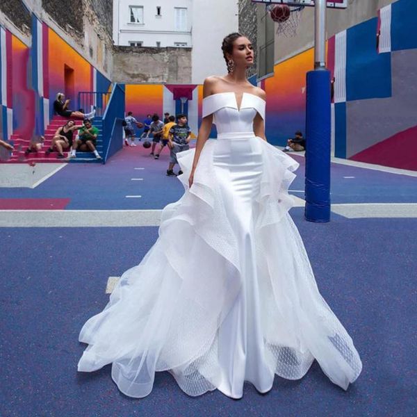 other wedding dresses vintage bride marriage illustion v-neck satin off shoulder zipper back bridal gowns detachable train mermaid, White
other wedding dresses vintage bride marriage illustion v-neck satin off shoulder zipper back bridal gowns detachable train mermaid, White