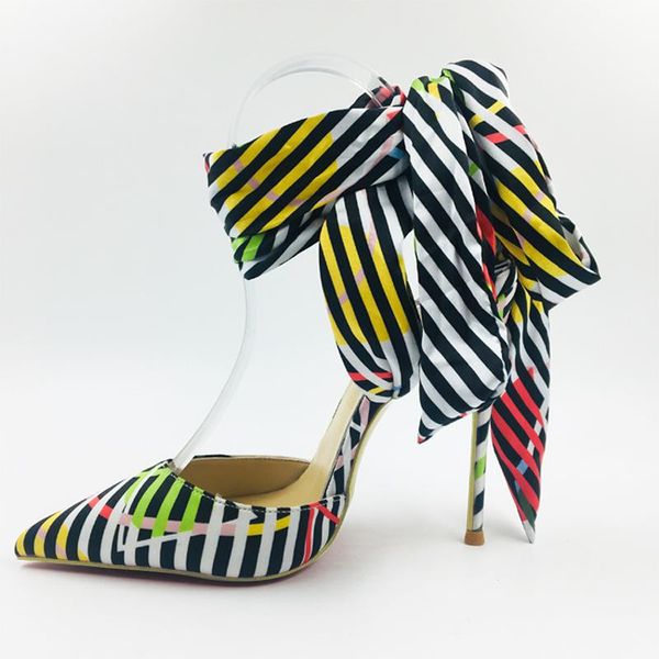 colorful striped fabric ankle straps pointed toe elegant women high heels shallow dress sandals shoes, Black
colorful striped fabric ankle straps pointed toe elegant women high heels shallow dress sandals shoes, Black
