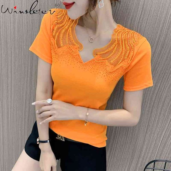 women's t-shirt summer european style cotton chic v-neck shiny diamonds spliced mesh women short sleeve all match tees t, White
women's t-shirt summer european style cotton chic v-neck shiny diamonds spliced mesh women short sleeve all match tees t, White