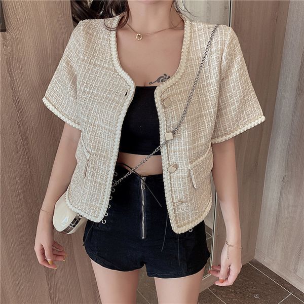 Women's Jackets Summer Thin Tweed Women Short Sleeve Crop top Jacket Streetwear Fashion Wide-waisted Single Breasted JDDL, Black;brown 
Women's Jackets Summer Thin Tweed Women Short Sleeve Crop top Jacket Streetwear Fashion Wide-waisted Single Breasted JDDL, Black;brown