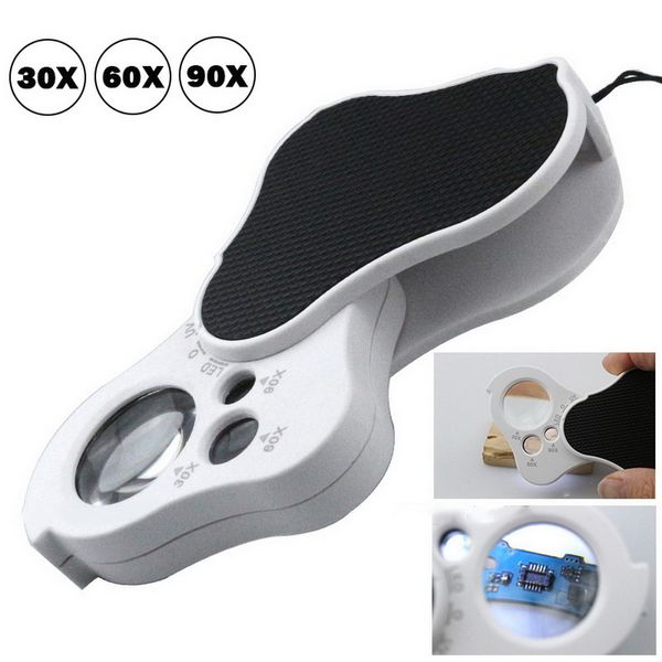 Image of 30X 60X 90X Jewelers Microscope Foldable Pocket Jewelry Magnifier Magnifying Glass Loupe with LED UV Light RE3690