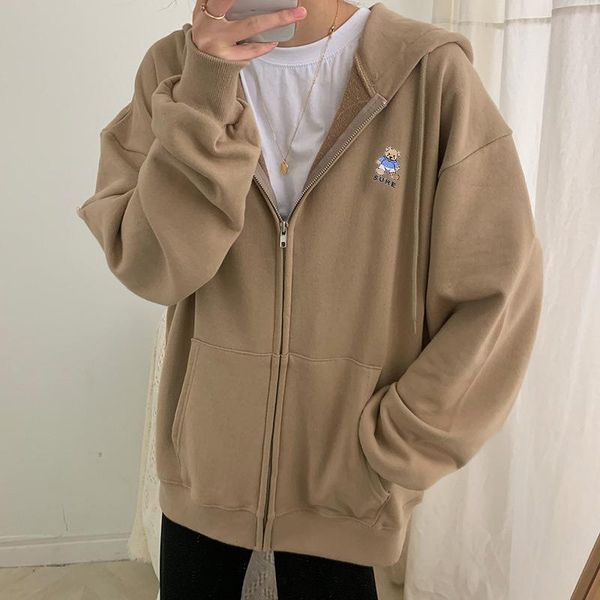 women's sweaters 2021 autumn basic solid color cartoon bear embroidery hooded cardigan and winter with loose zipper sweater jacket, White;black
women's sweaters 2021 autumn basic solid color cartoon bear embroidery hooded cardigan and winter with loose zipper sweater jacket, White;black