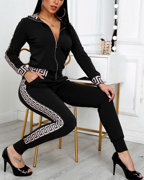 women's two piece pants 2021 women elegant fashion -pieces suit sets female stylish plus size greek fret print coat & pant, White 
women's two piece pants 2021 women elegant fashion -pieces suit sets female stylish plus size greek fret print coat & pant, White