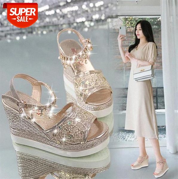 women's summer wear fashion slope and shoes water drill flat sandals #n91h, Black