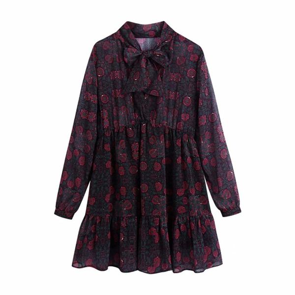 casual dresses women flower printing chiffon v neck bow tie mini dress female long sleeve clothes lady loose vestido d8378, Black;gray 
casual dresses women flower printing chiffon v neck bow tie mini dress female long sleeve clothes lady loose vestido d8378, Black;gray