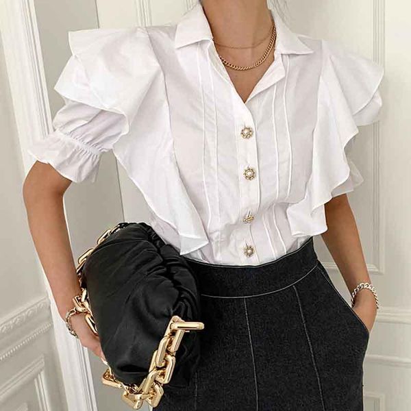 women's blouses & shirts korean chic french temperament collar ruffled stitching design pearl button loose puff sleeve shirt, White
women's blouses & shirts korean chic french temperament collar ruffled stitching design pearl button loose puff sleeve shirt, White