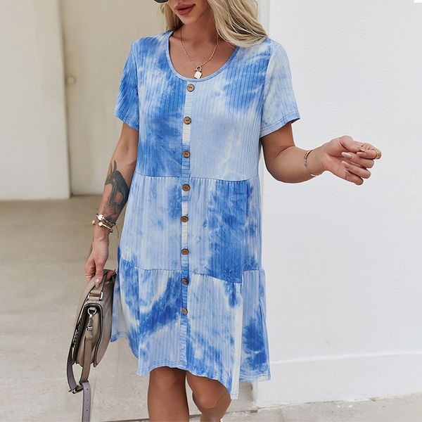 women tie dye summer dress casual o-neck short sleeve single buttons loose pleated mini female es 210524, Black;gray
women tie dye summer dress casual o-neck short sleeve single buttons loose pleated mini female es 210524, Black;gray