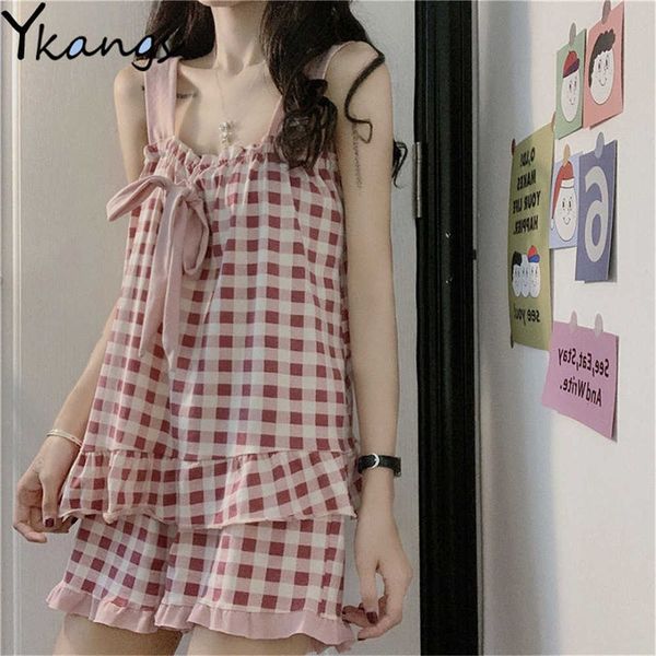 sweet plaid bow pajama women spaghetti strap short soft sleep-wear loose casual ruffle lovely girls home females summer sets 210619, Black;red
sweet plaid bow pajama women spaghetti strap short soft sleep-wear loose casual ruffle lovely girls home females summer sets 210619, Black;red