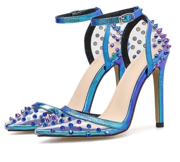 transparent rivet pointed toe ladies sandals high heels shallow mouth belt buckle casual shoes, Black 
transparent rivet pointed toe ladies sandals high heels shallow mouth belt buckle casual shoes, Black