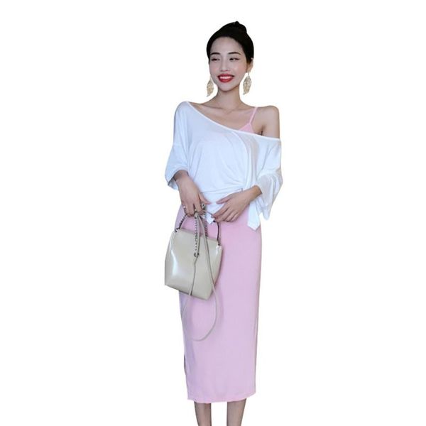 two piece dress 2pc set women small fragrance wind solid color women's sets + loose casual one shoulder of clothes, White
two piece dress 2pc set women small fragrance wind solid color women's sets + loose casual one shoulder of clothes, White