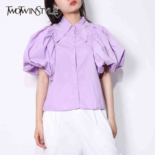 white short blouse for women lapel puff sleeve patchwork diamond casual shirt female fashion clothing 210524
white short blouse for women lapel puff sleeve patchwork diamond casual shirt female fashion clothing 210524